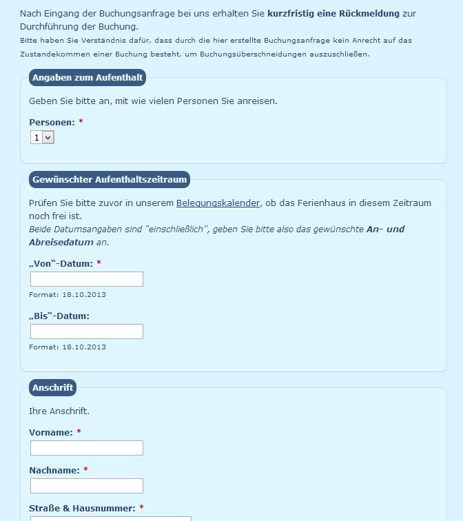 Buchungsanfrage Ferienwohnung via Drupal CMS