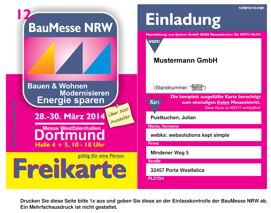 Entwicklung einer Generierung von Freikarten zur BauMesse NRW Entwicklung einer Generierung von Freikarten zur BauMesse NRW