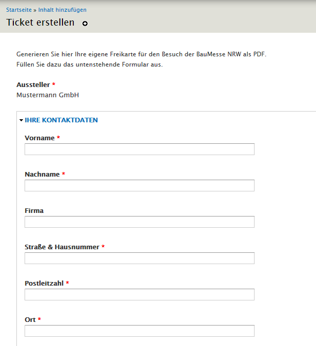 Entwicklung einer Generierung von Freikarten zur BauMesse NRW, Formular Entwicklung einer Generierung von Freikarten zur BauMesse NRW, Formular