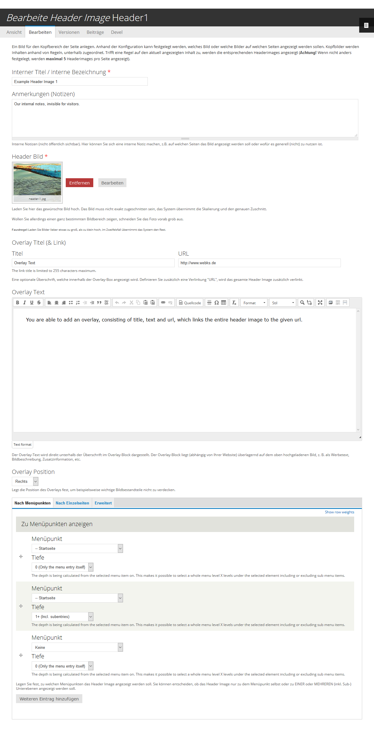 Drupal CMS DROWL Header Slides Verwaltung Drupal CMS DROWL Header Slides Verwaltung