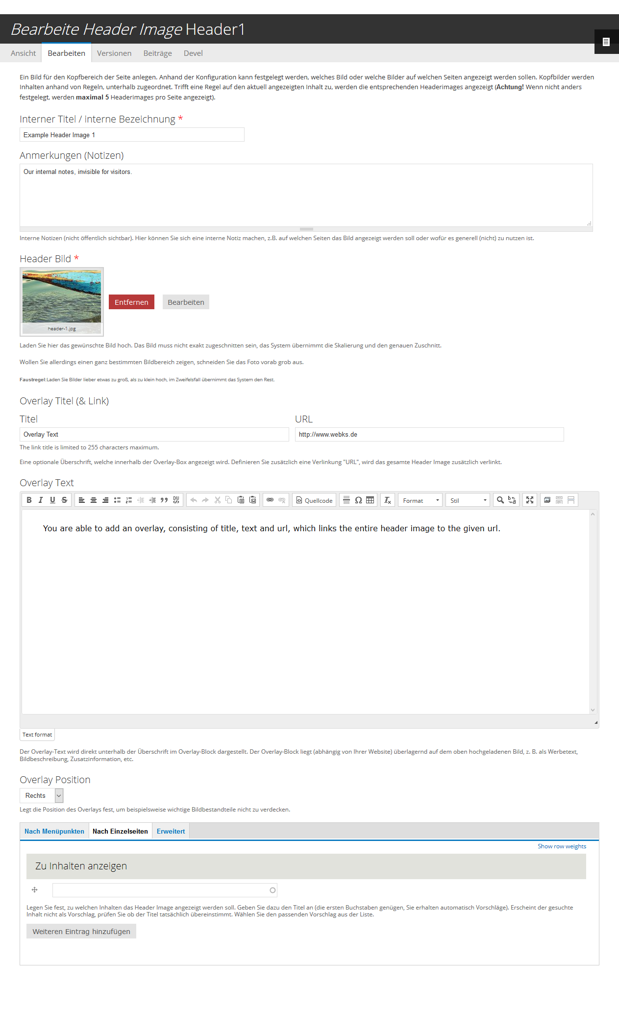 Drupal CMS DROWL Header Slides Verwaltung Drupal CMS DROWL Header Slides Verwaltung