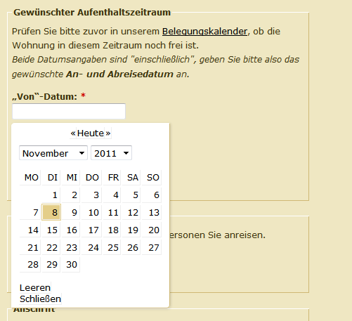 Drupal Belegungskalender Formular für eine Ferienwohnung in Grömitz, umgesetzt von DROWL.de Drupal Belegungskalender Formular für eine Ferienwohnung in Grömitz, umgesetzt von DROWL.de
