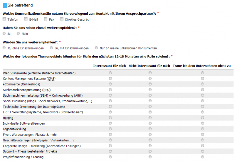 Umfangreiches Formular zur Kundenbefragung. Drupal Webdesgin Online-Formulare